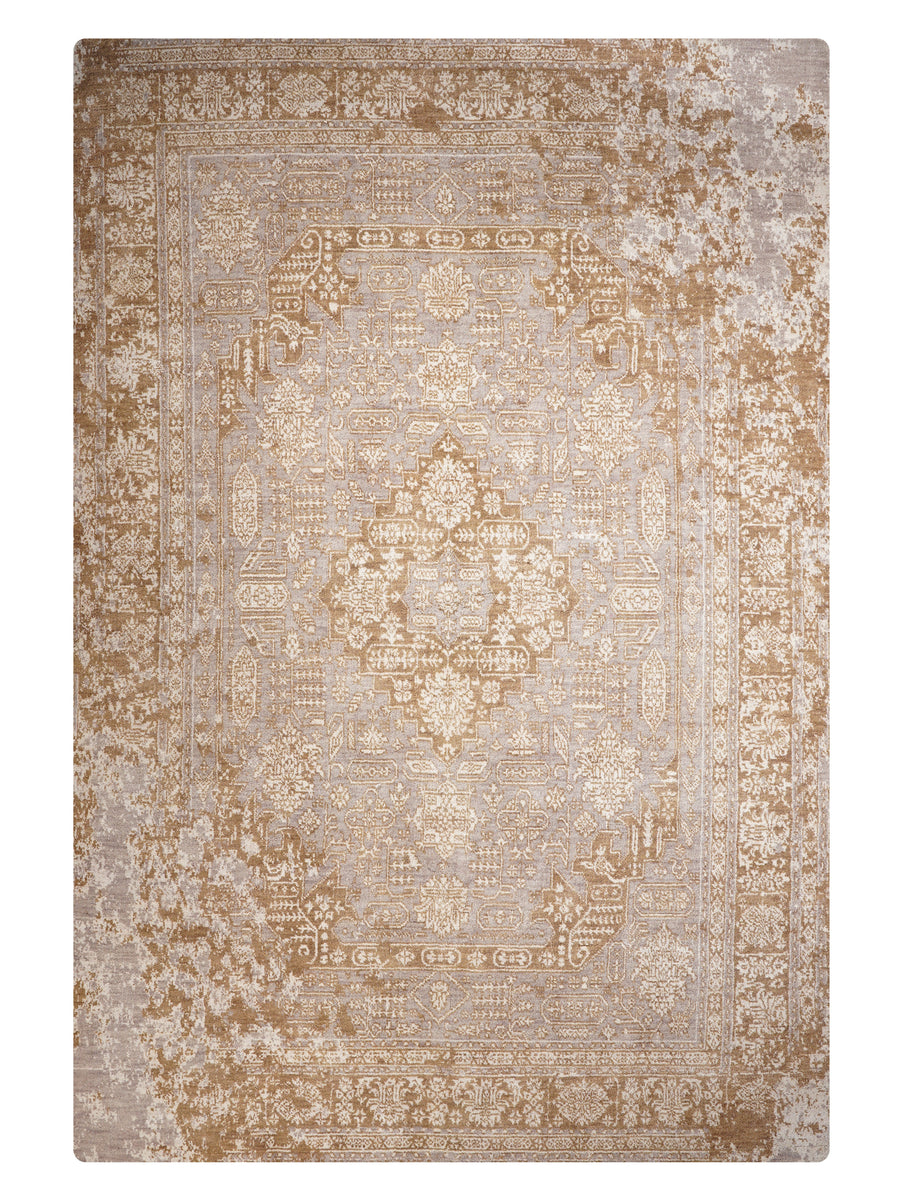Light Brown Distressed Oriental Hand-Knotted Wool Rug