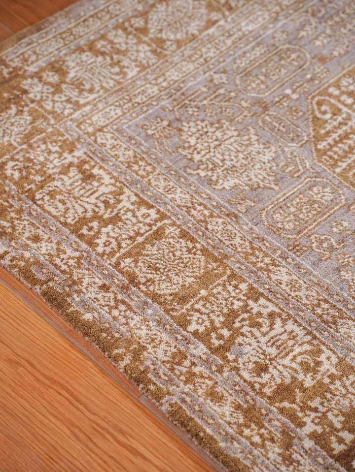 Light Brown Distressed Oriental Hand-Knotted Wool Rug