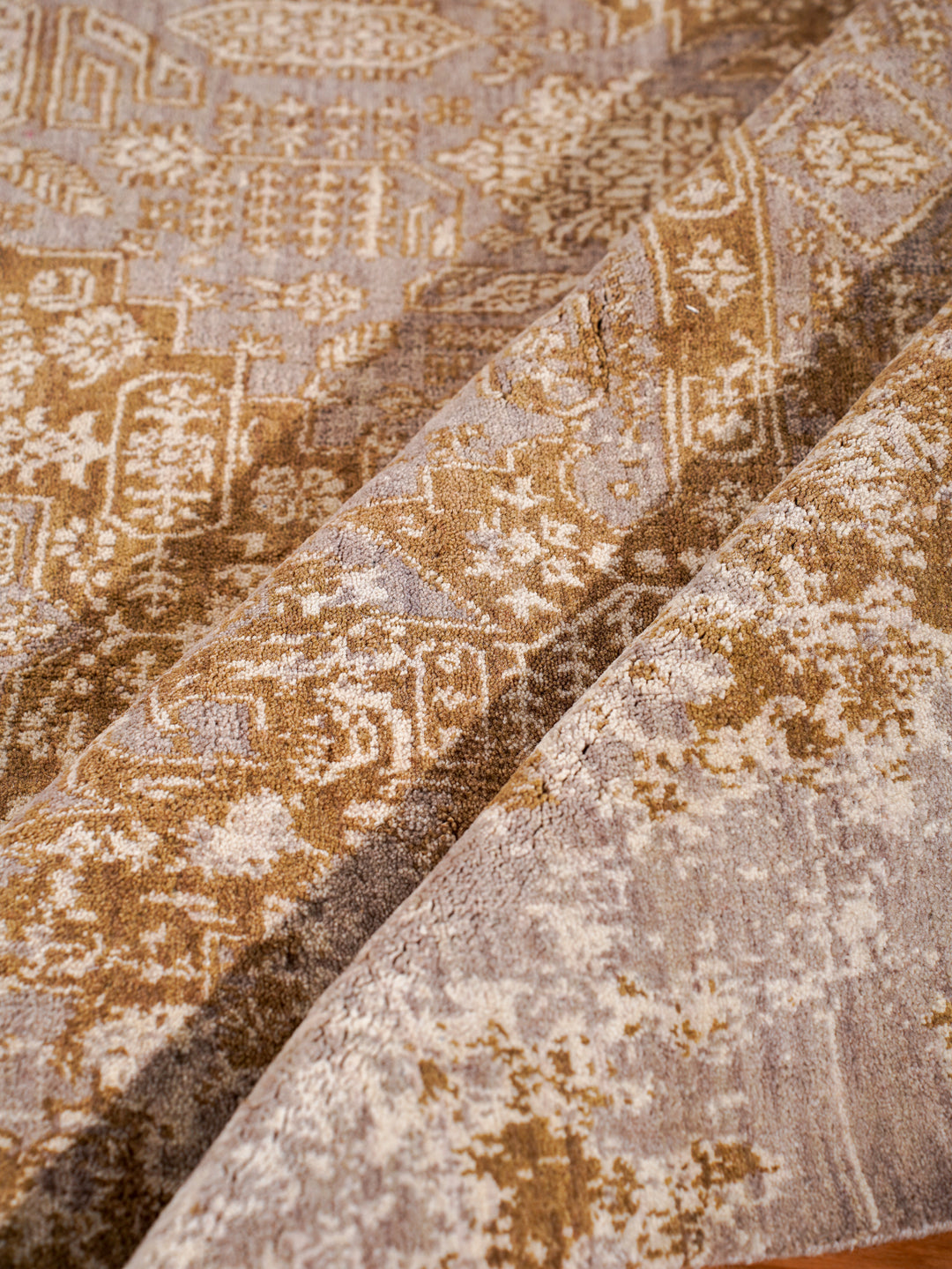 Light Brown Distressed Oriental Hand-Knotted Wool Rug
