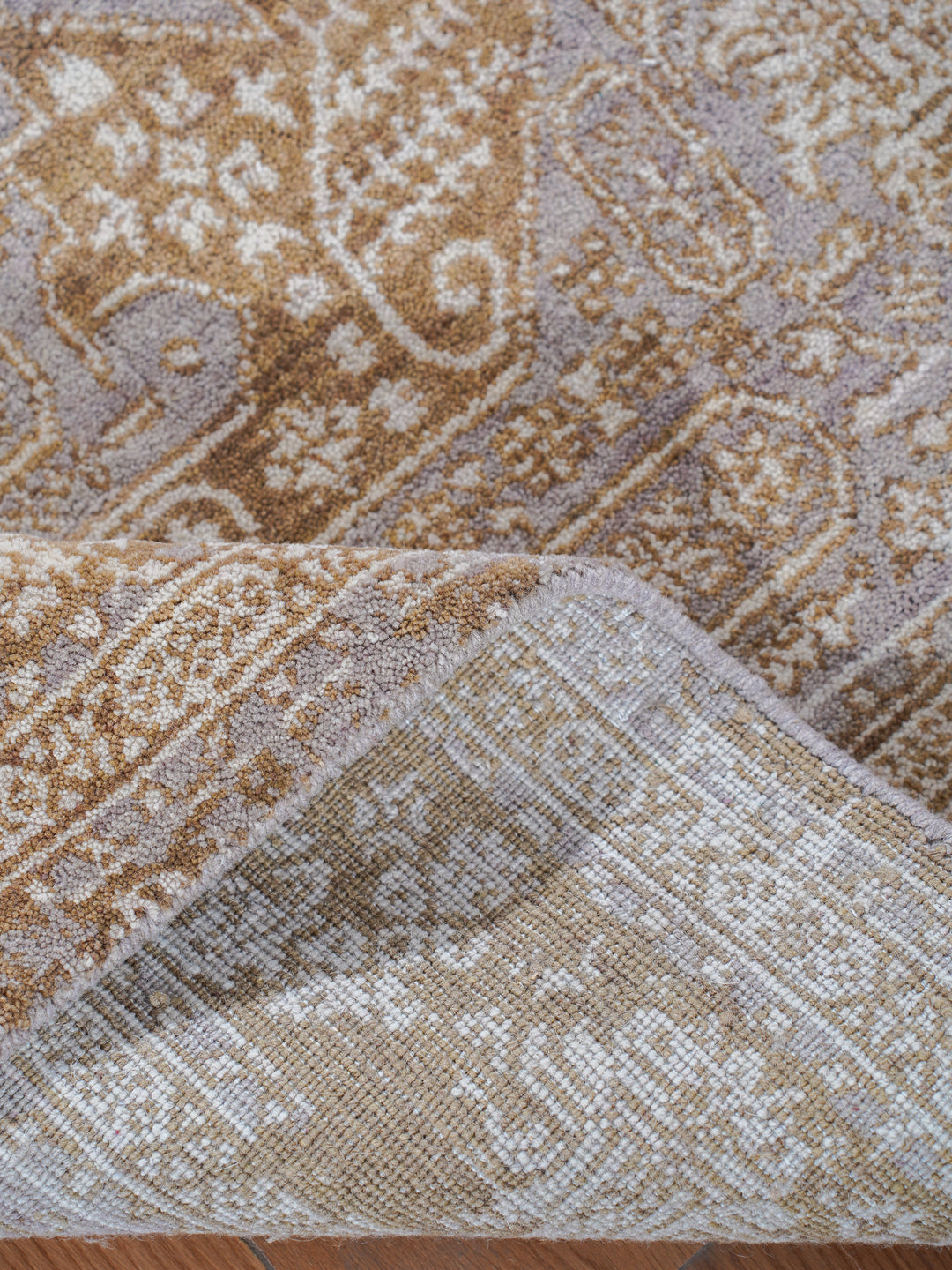 Light Brown Distressed Oriental Hand-Knotted Wool Rug