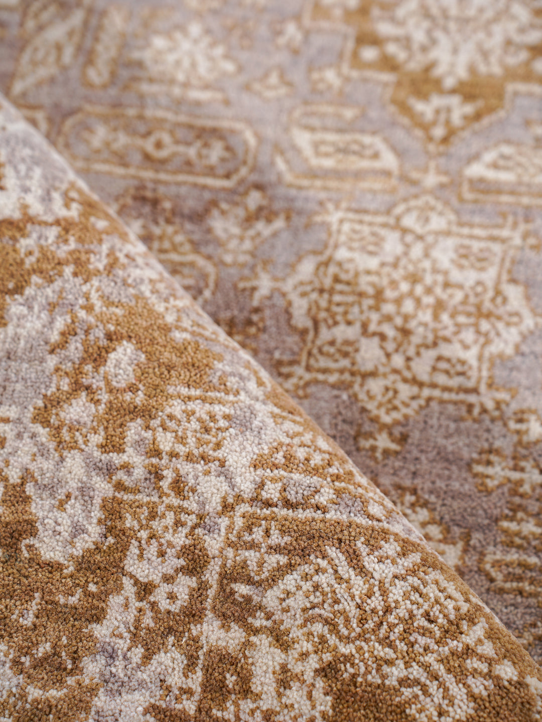 Light Brown Distressed Oriental Hand-Knotted Wool Rug