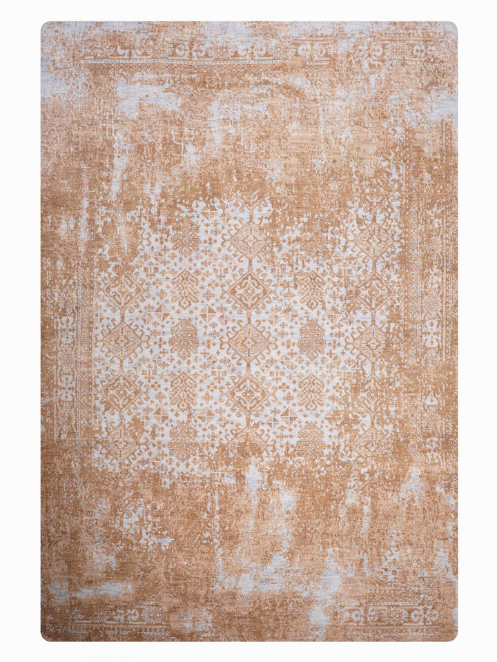 Light Blue Brown Distressed Oriental Hand-Knotted Wool Rug