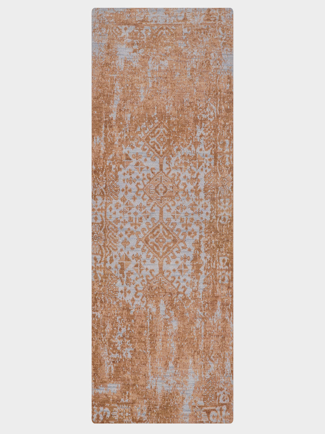 Light Blue Brown Distressed Oriental Hand-Knotted Wool Rug