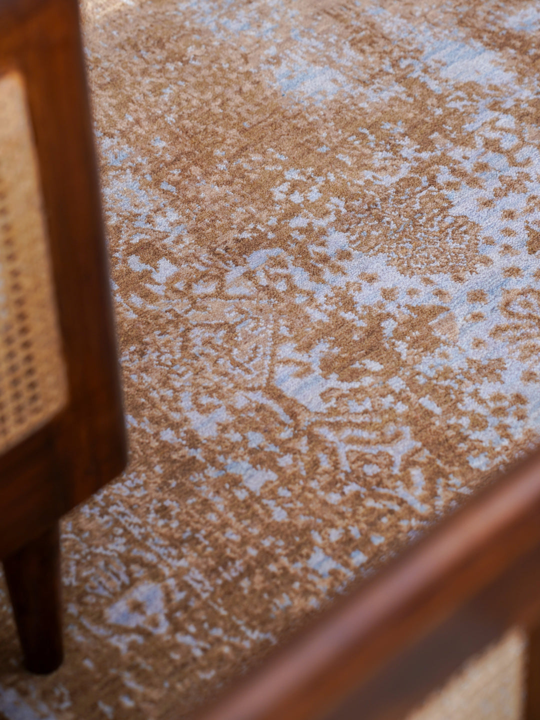 Light Blue Brown Distressed Oriental Hand-Knotted Wool Rug