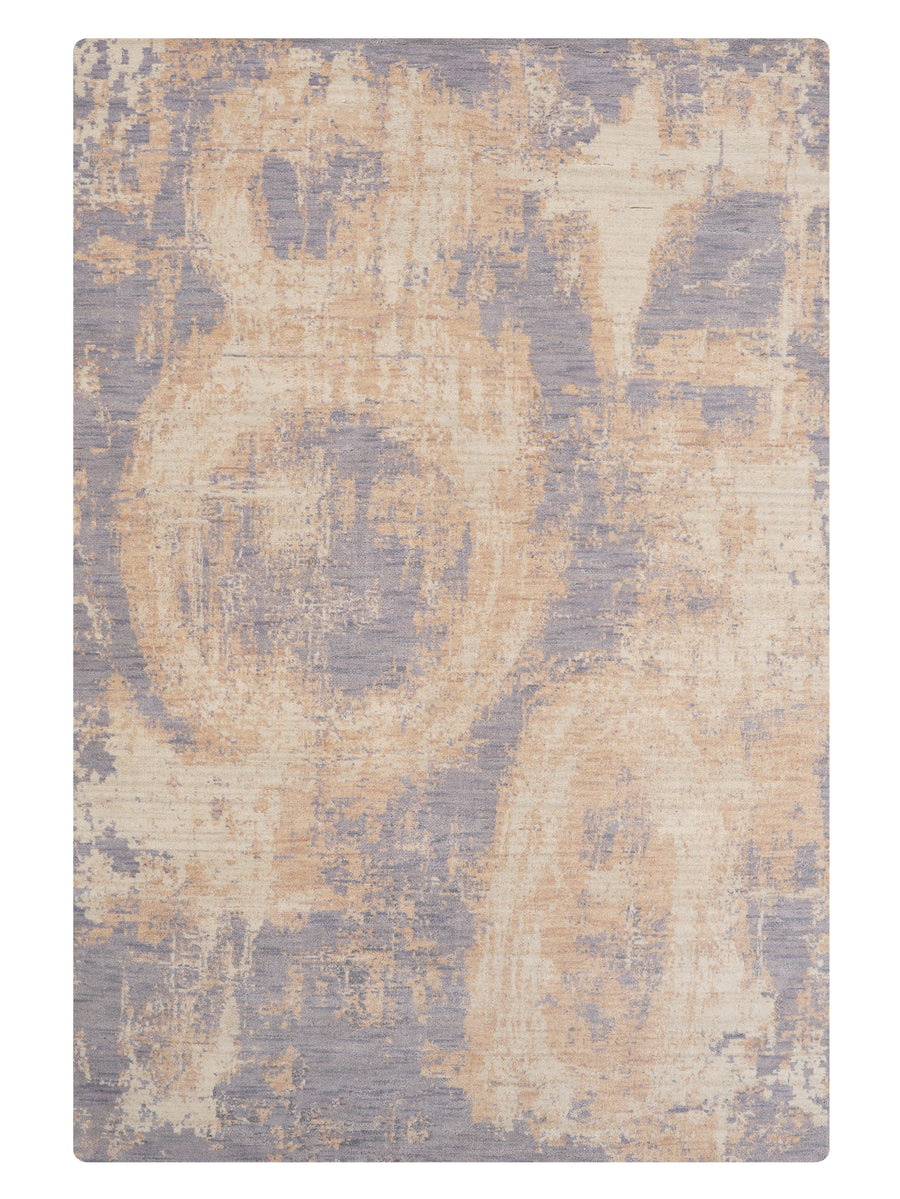 Blue Beige Abstract Hand-Knotted Wool Rug