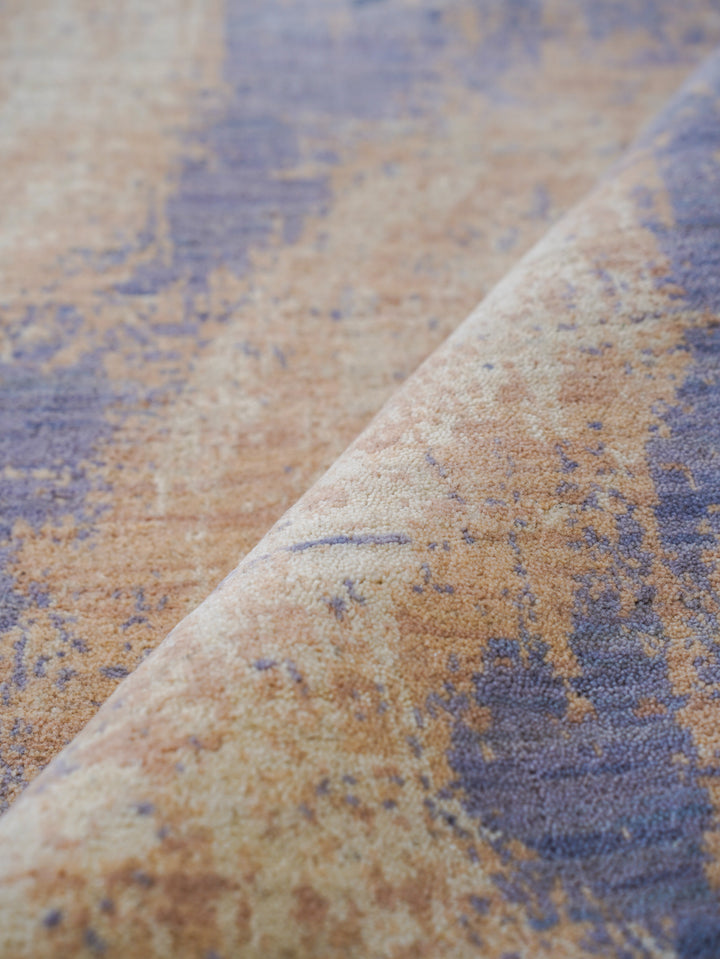 Blue Beige Abstract Hand-Knotted Wool Rug