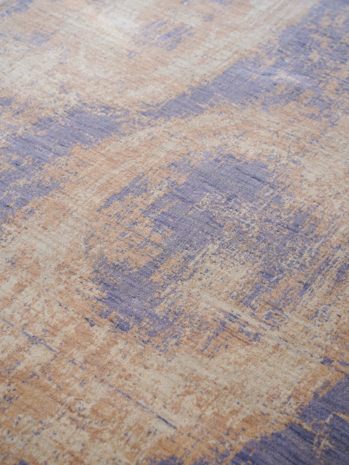 Blue Beige Abstract Hand-Knotted Wool Rug