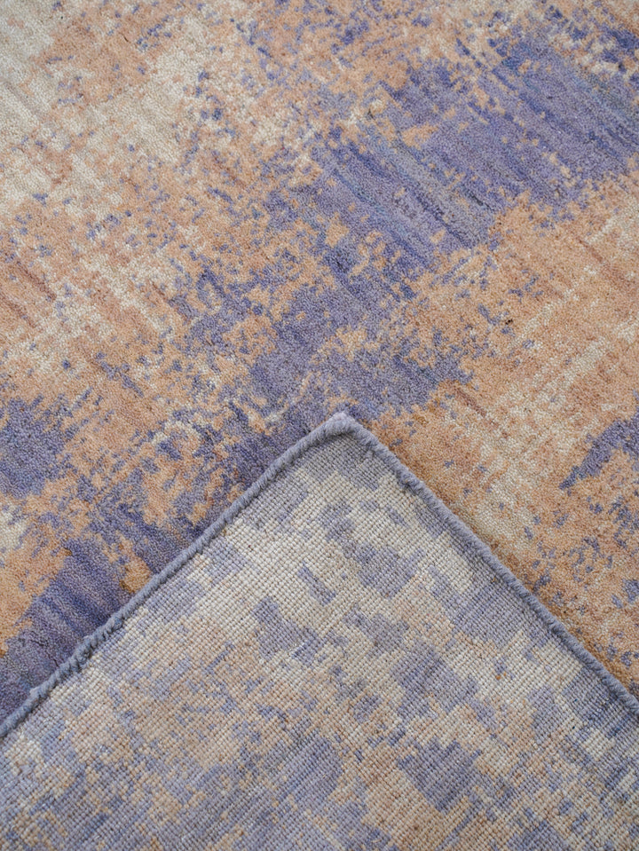Blue Beige Abstract Hand-Knotted Wool Rug