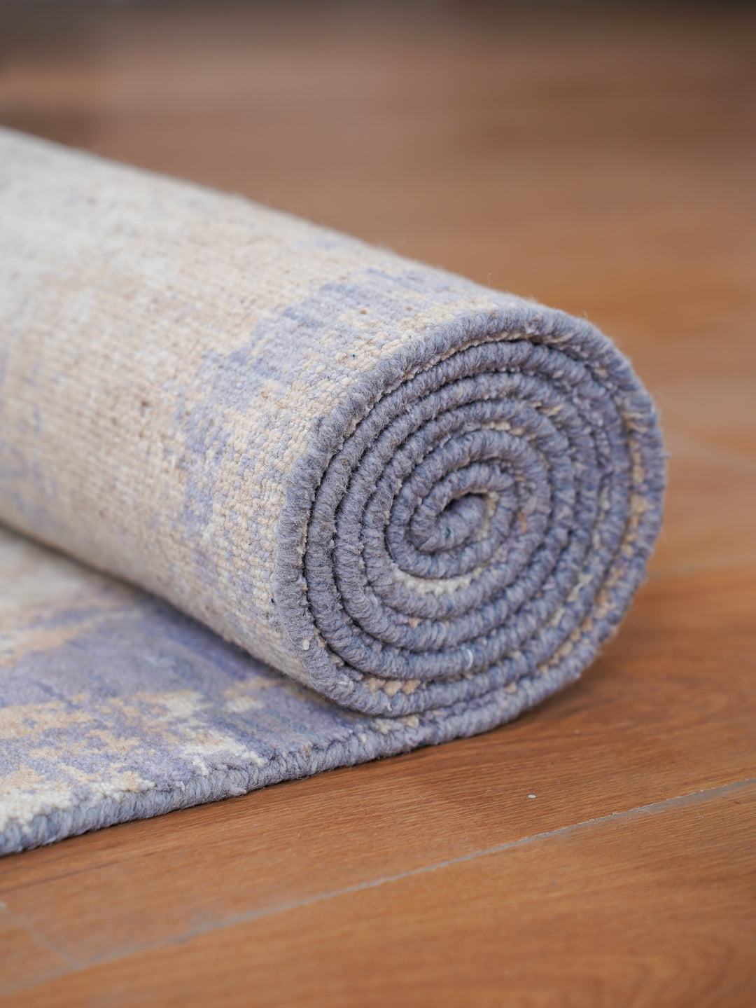 Blue Beige Abstract Hand-Knotted Wool Rug