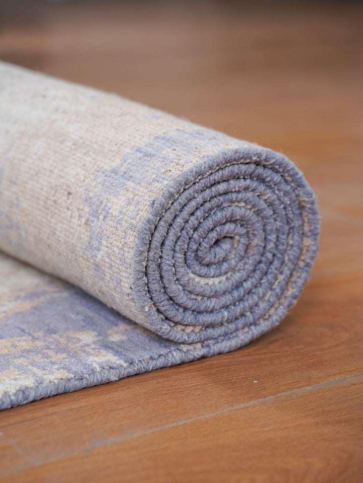 Blue Beige Abstract Hand-Knotted Wool Rug
