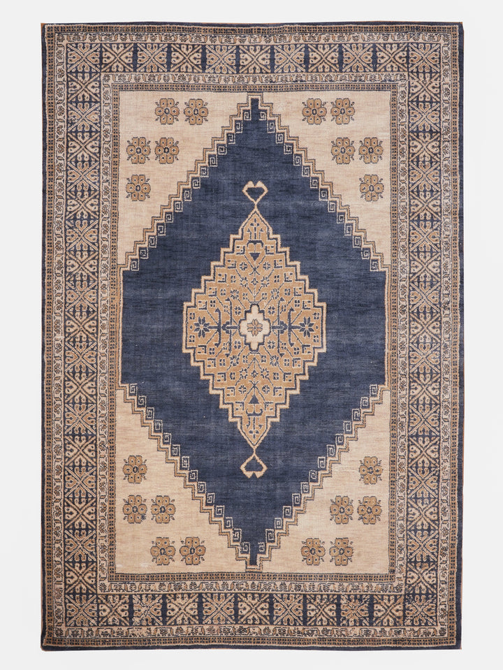Blue Beige Oriental Hand-Knotted Wool Rug
