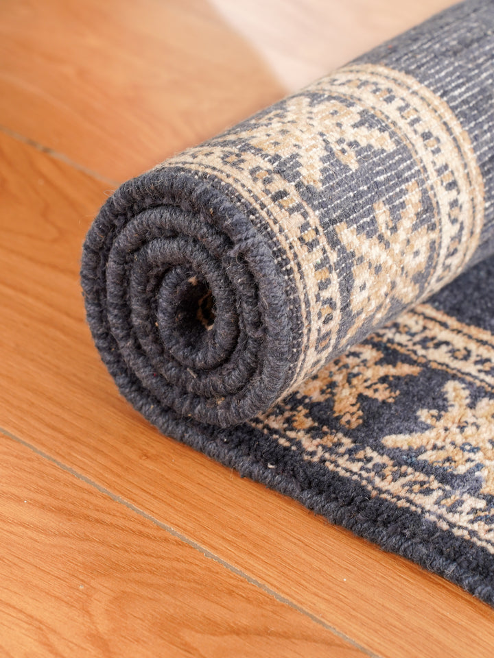 Blue Beige Oriental Hand-Knotted Wool Rug