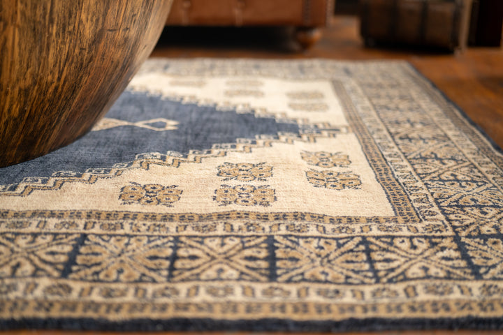 Blue Beige Oriental Hand-Knotted Wool Rug