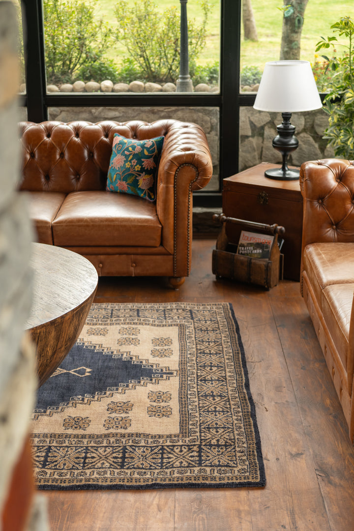 Blue Beige Oriental Hand-Knotted Wool Rug