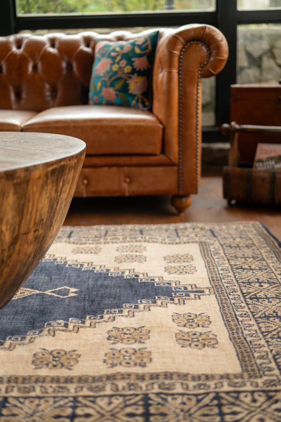 Blue Beige Oriental Hand-Knotted Wool Rug