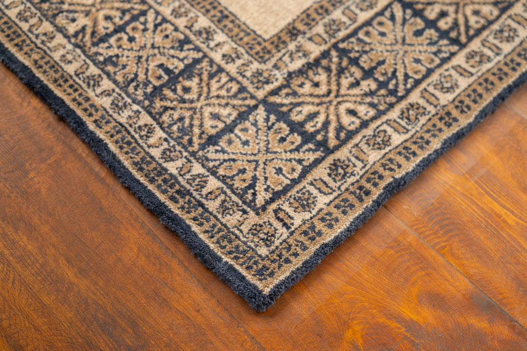 Blue Beige Oriental Hand-Knotted Wool Rug