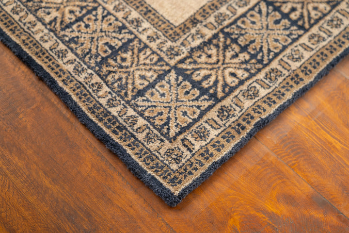 Blue Beige Oriental Hand-Knotted Wool Rug
