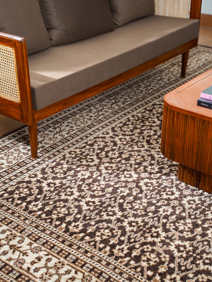 Brown & Beige Hand-Knotted Wool Oriental Rug – Classic Floral Design