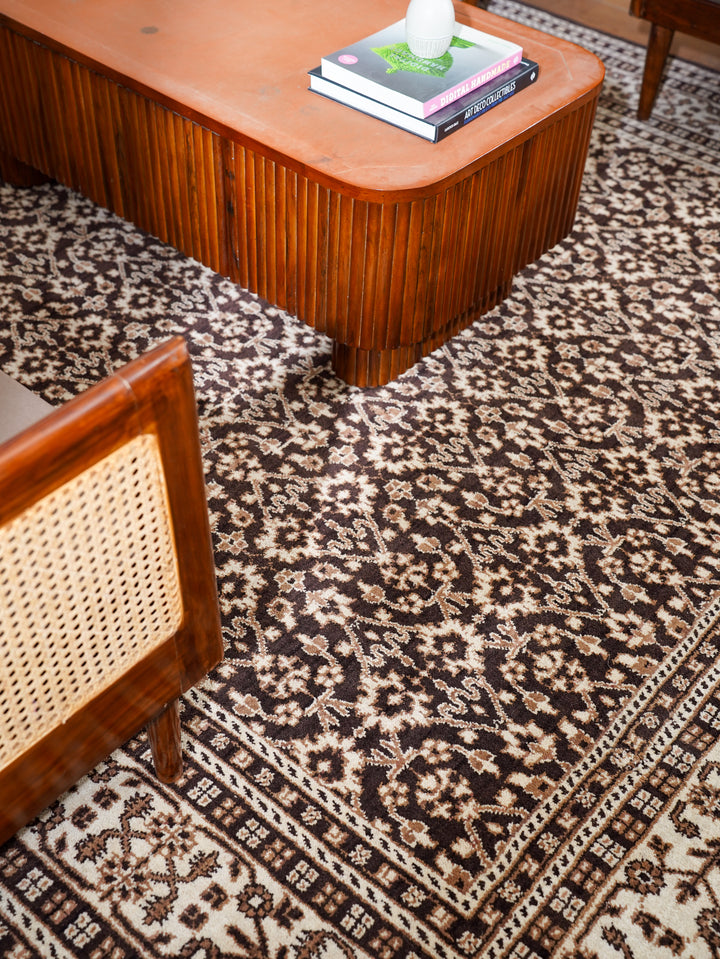 Brown & Beige Hand-Knotted Wool Oriental Rug – Classic Floral Design