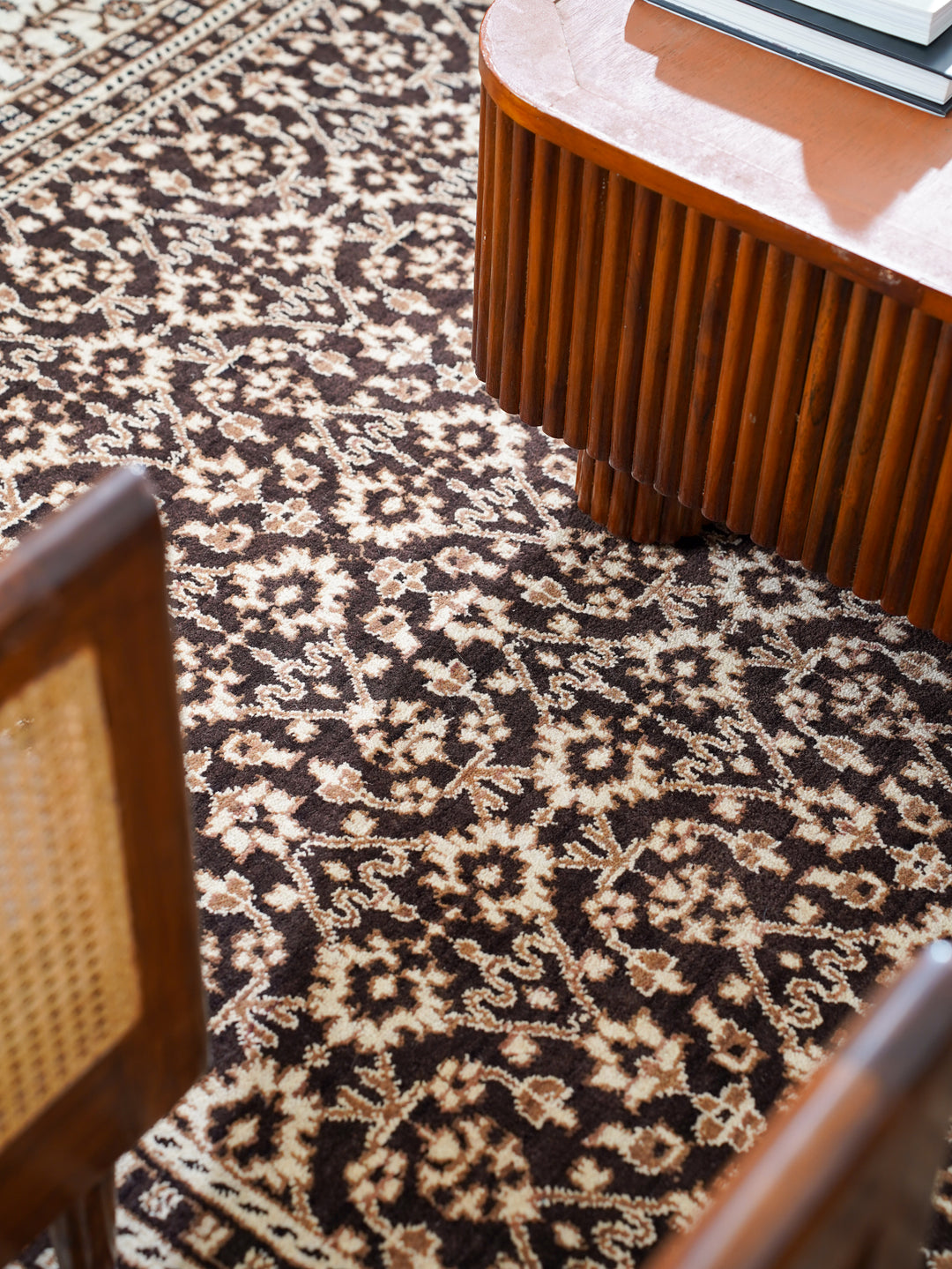 Brown & Beige Hand-Knotted Wool Oriental Rug – Classic Floral Design