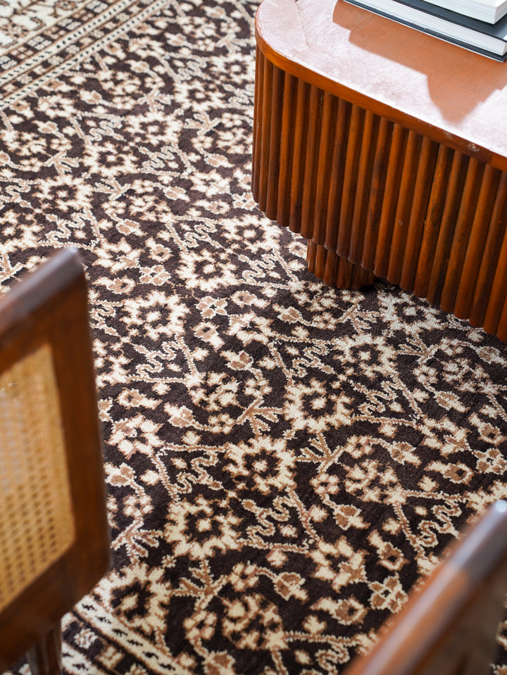 Brown & Beige Hand-Knotted Wool Oriental Rug – Classic Floral Design