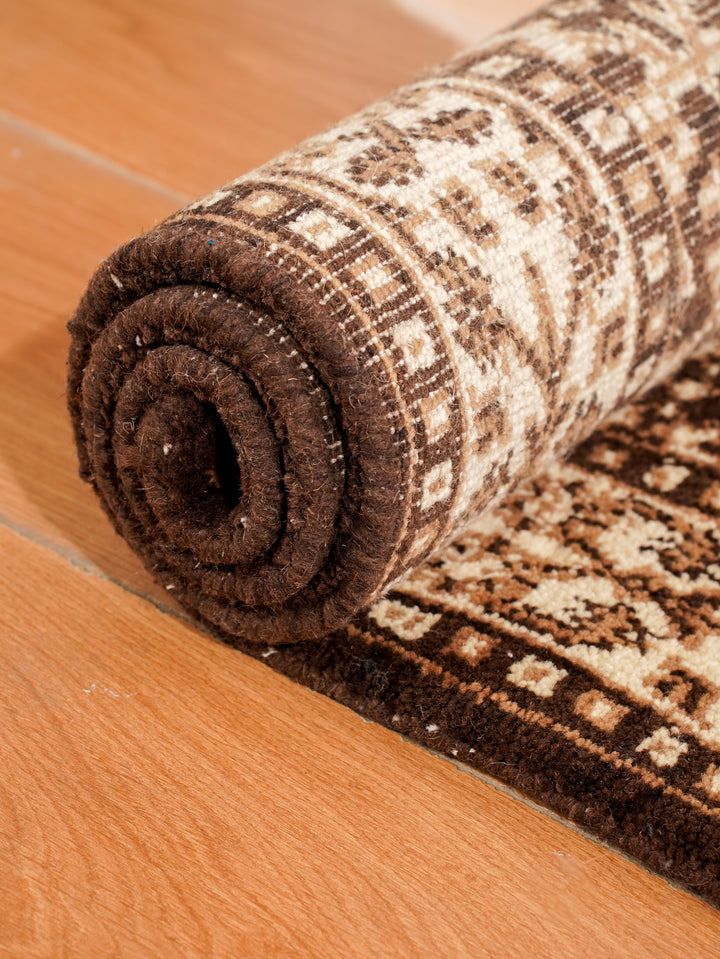 Brown & Beige Hand-Knotted Wool Oriental Rug – Classic Floral Design