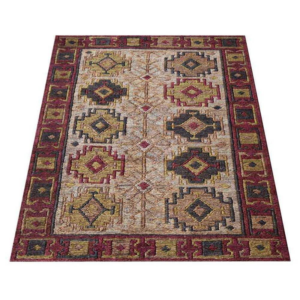 Beige & Red Oriental Hand Knotted Sumak Jute Rug