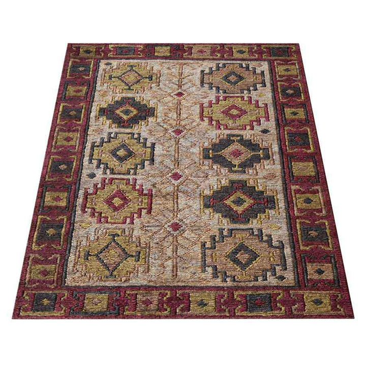 Beige & Red Oriental Hand Knotted Sumak Jute Rug