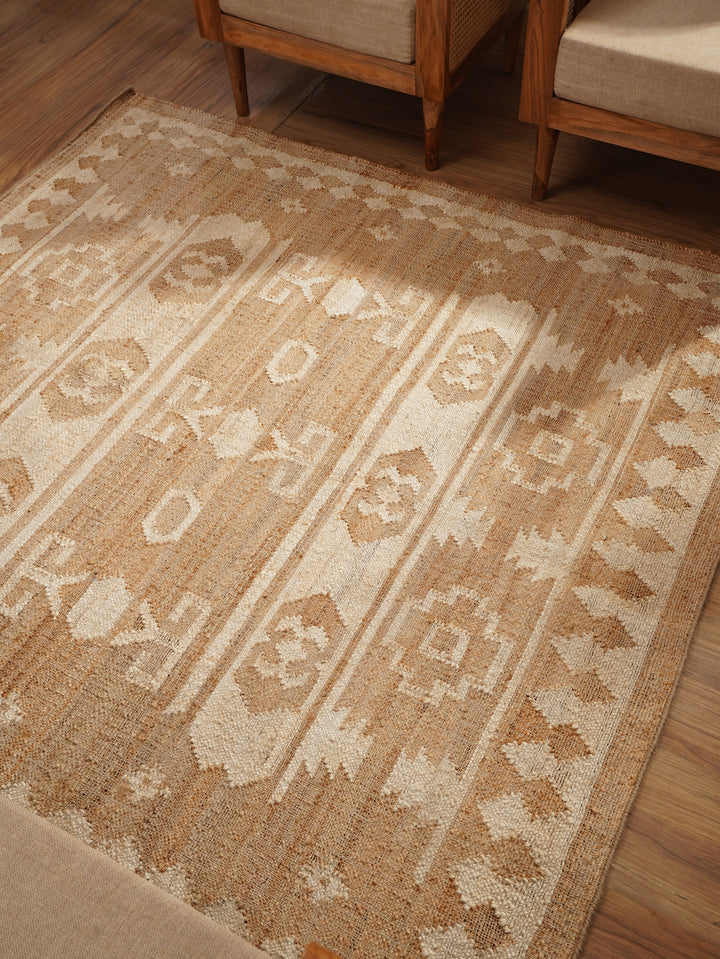 White & Beige Oriental Hand Woven Jute Flat Weave Kilim Rug