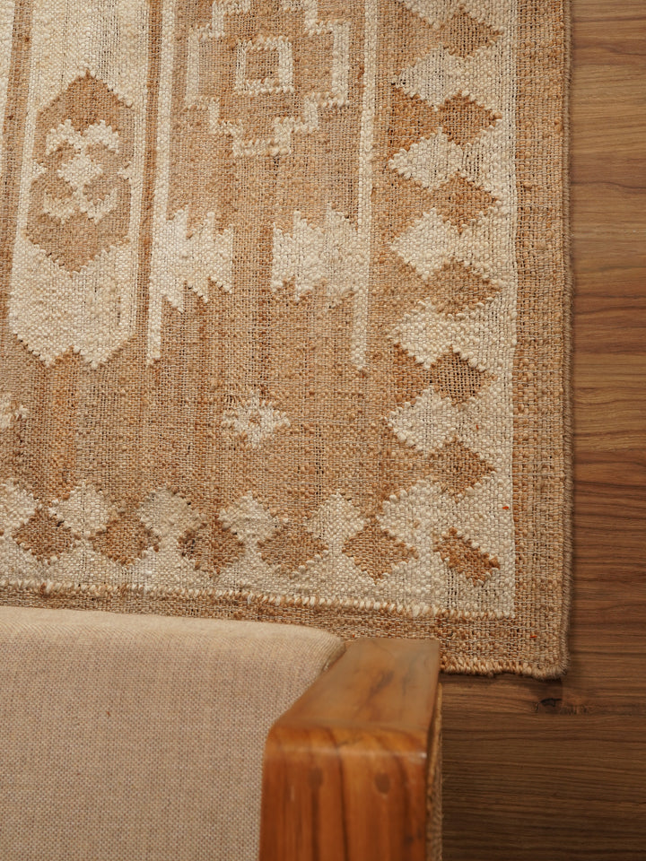 White & Beige Oriental Hand Woven Jute Flat Weave Kilim Rug
