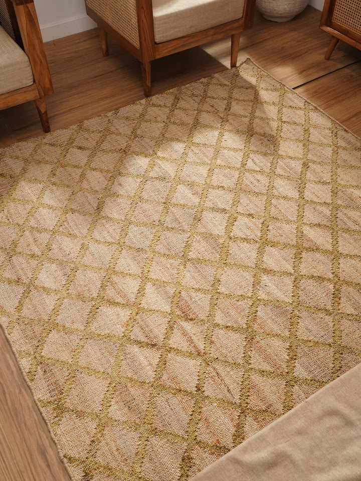 Beige & Gold Geometric Hand Woven Jute Flat Weave Kilim Rug