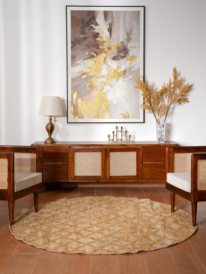 Beige & Gold Geometric Hand Woven Jute Flat Weave Kilim Rug