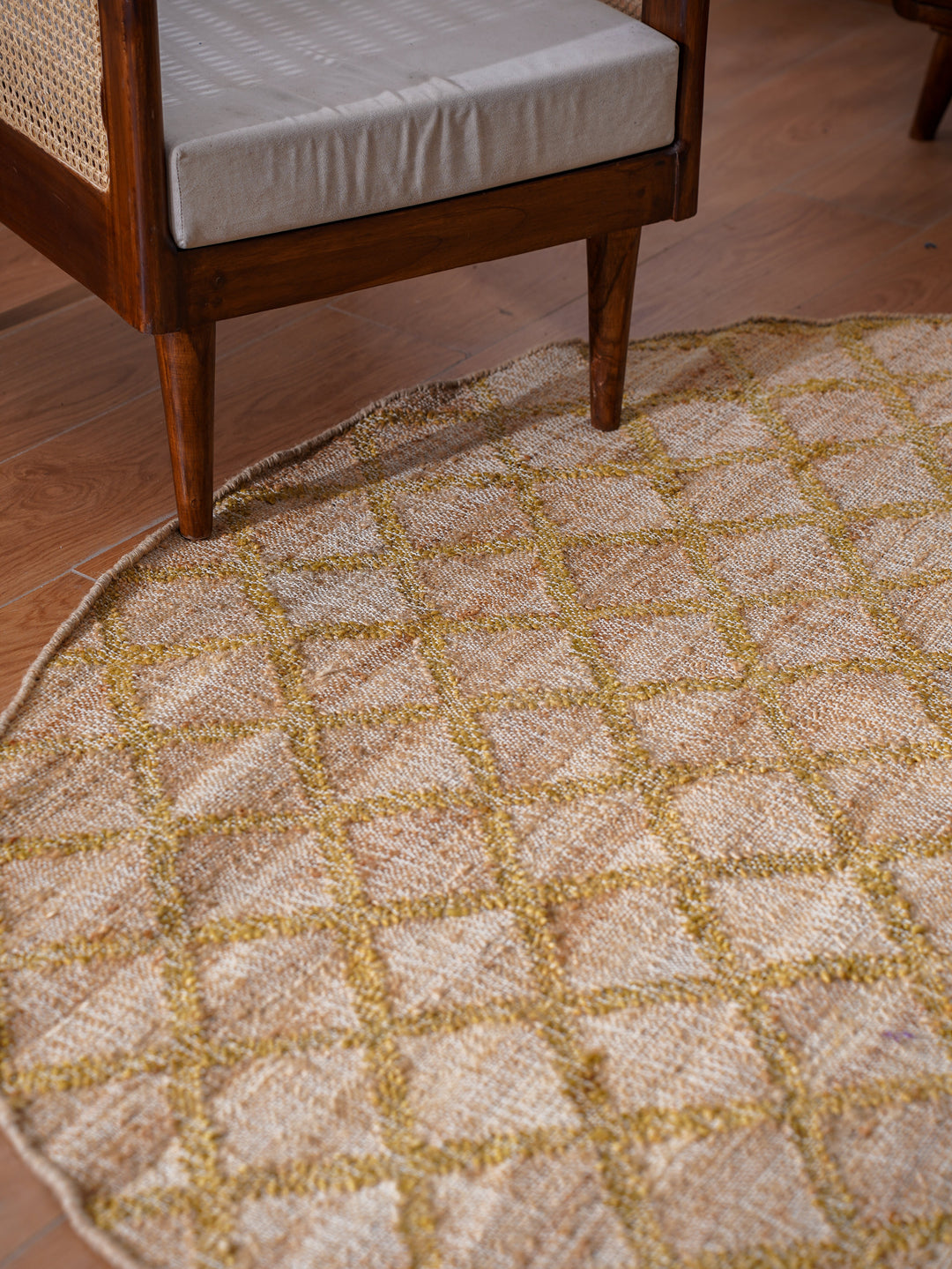 Beige & Gold Geometric Hand Woven Jute Flat Weave Kilim Rug