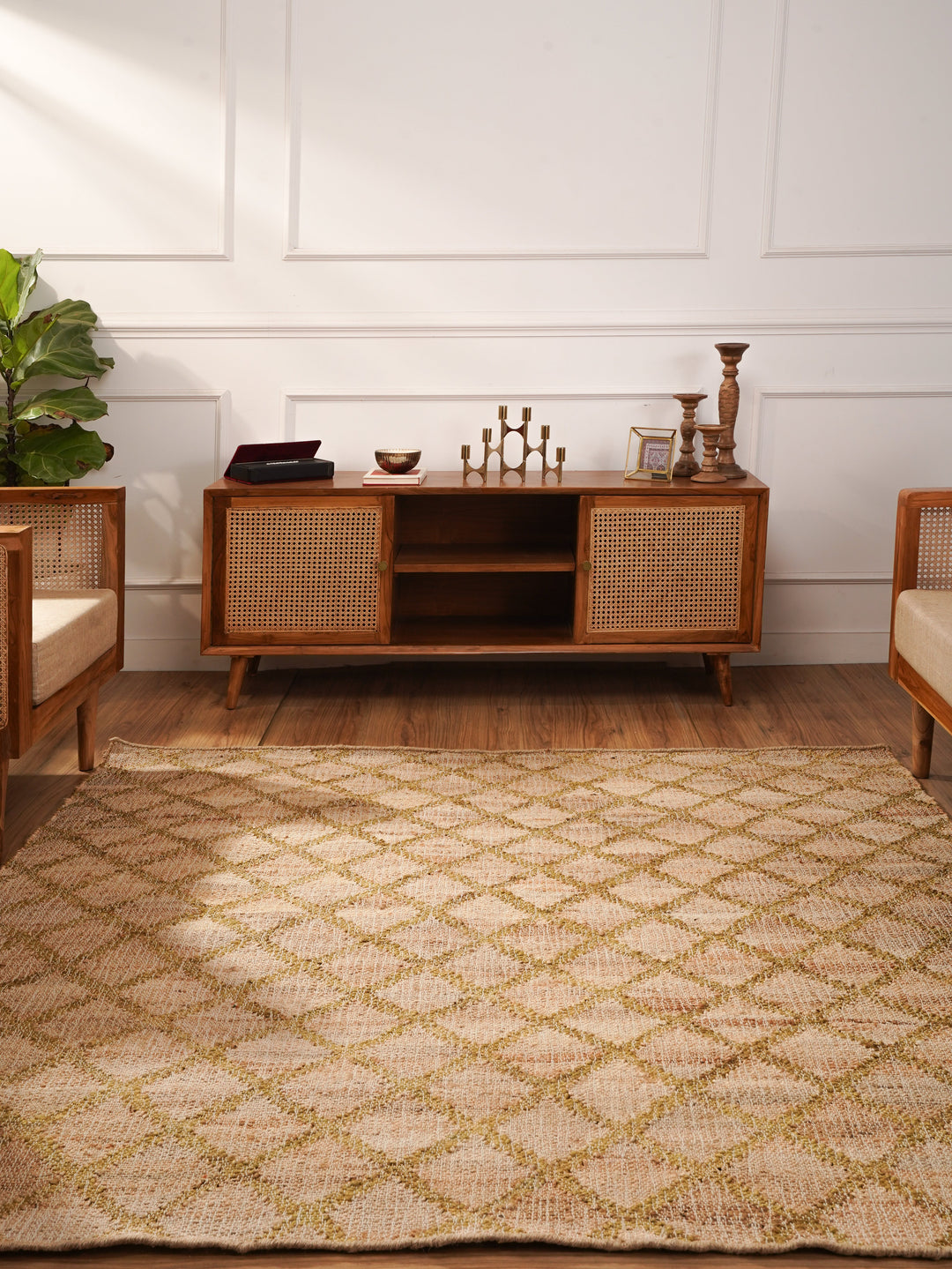 Beige & Gold Geometric Hand Woven Jute Flat Weave Kilim Rug