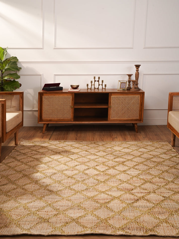 Beige & Gold Geometric Hand Woven Jute Flat Weave Kilim Rug