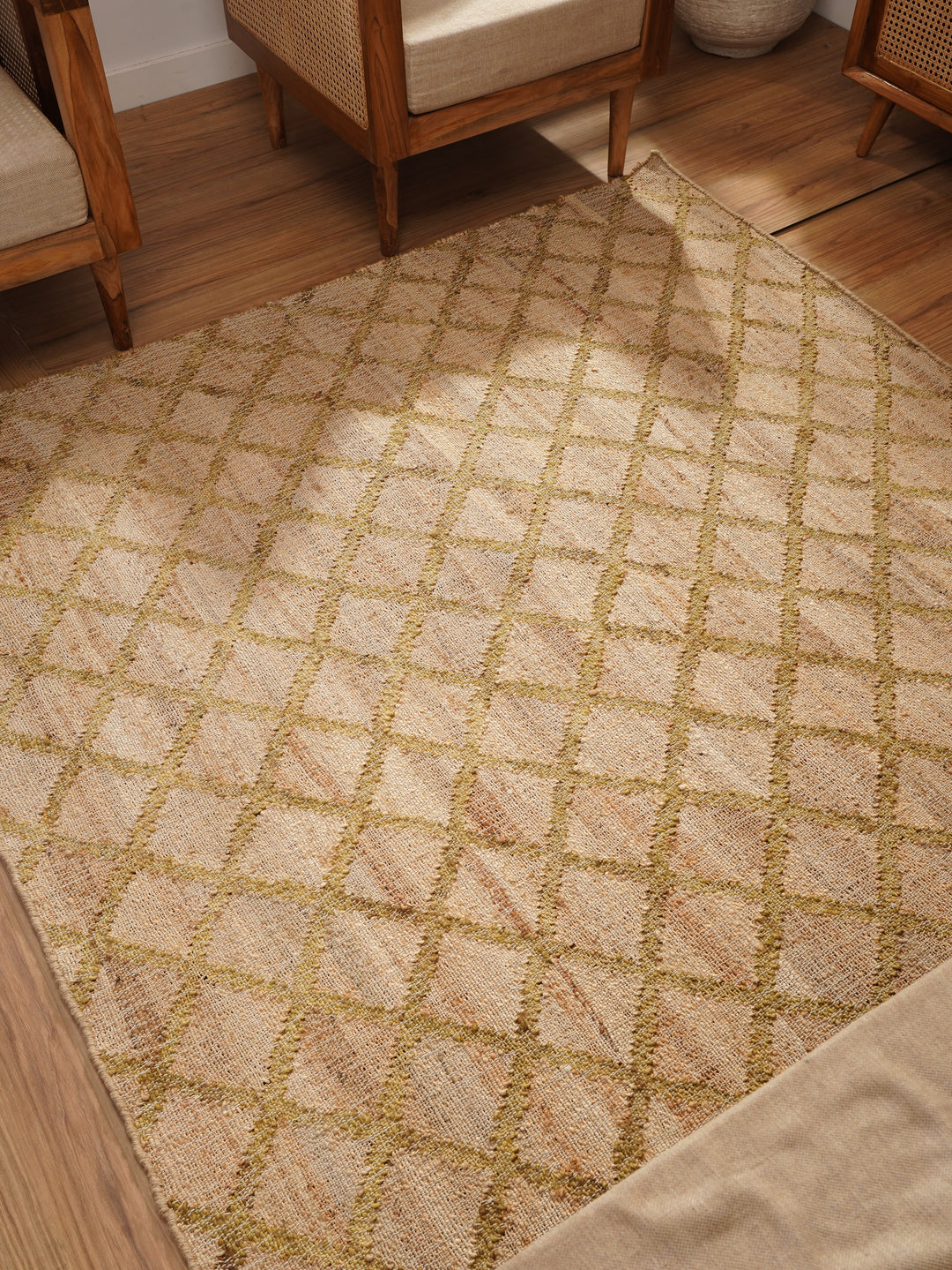 Beige & Gold Geometric Hand Woven Jute Flat Weave Kilim Rug