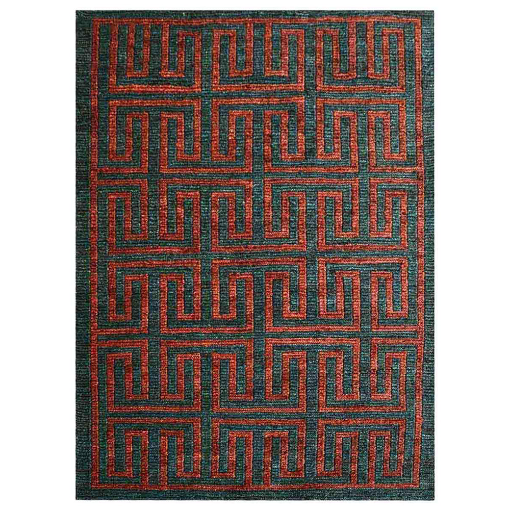 Hand-Knotted Sumak Dark Green Rust Jute Contemporary Rug