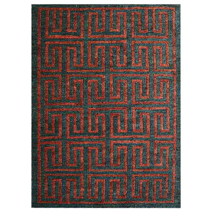 Hand-Knotted Sumak Dark Green Rust Jute Contemporary Rug