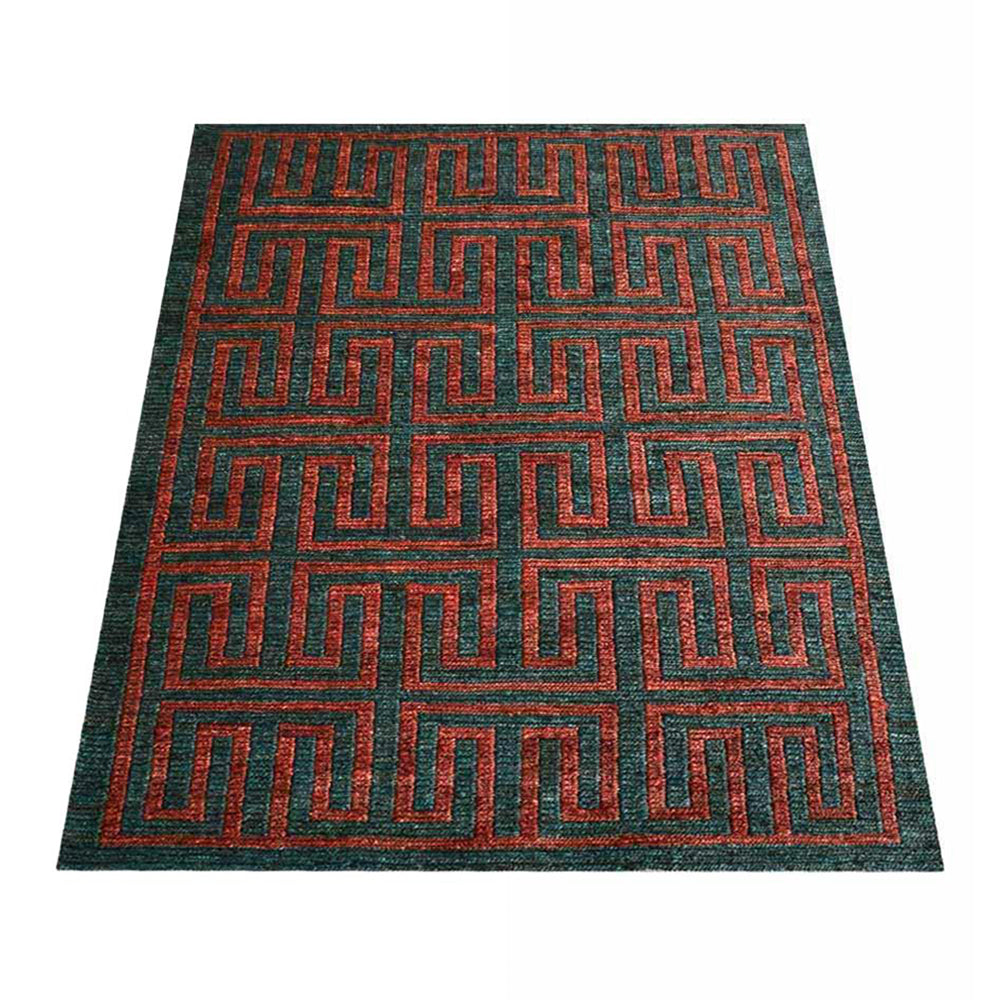 Hand-Knotted Sumak Dark Green Rust Jute Contemporary Rug