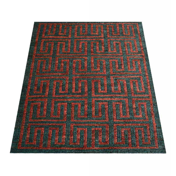 Hand-Knotted Sumak Dark Green Rust Jute Contemporary Rug