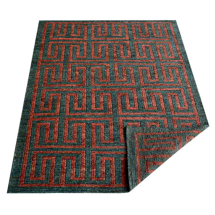 Hand-Knotted Sumak Dark Green Rust Jute Contemporary Rug