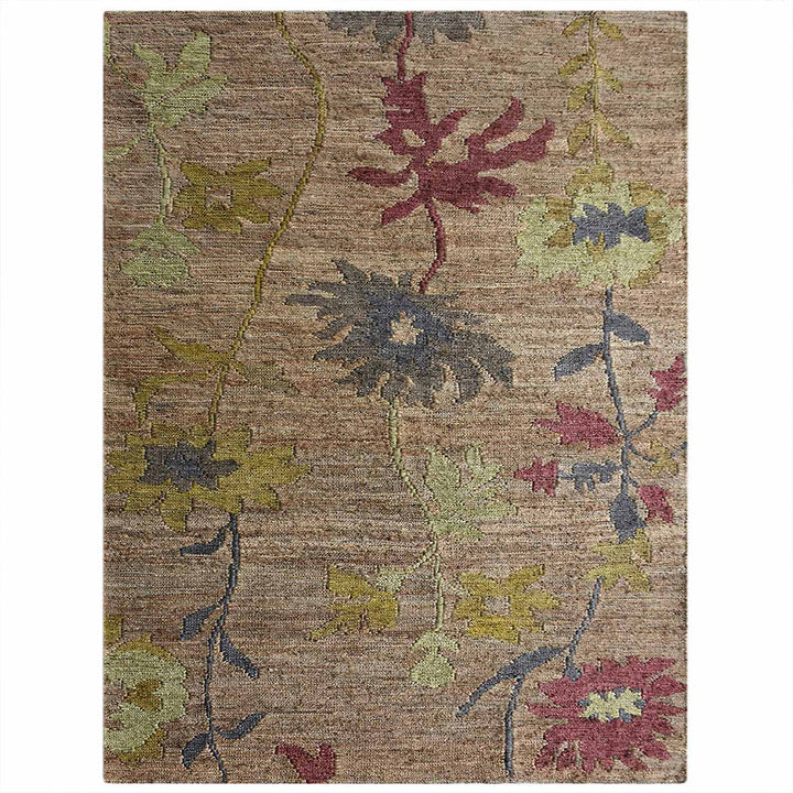 Beige Floral Hand Knotted Sumak Jute Rug with Artistic Botanical Design