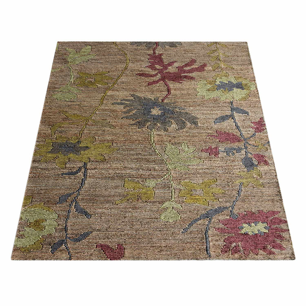 Beige Floral Hand Knotted Sumak Jute Rug with Artistic Botanical Design
