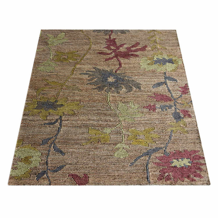 Beige Floral Hand Knotted Sumak Jute Rug with Artistic Botanical Design