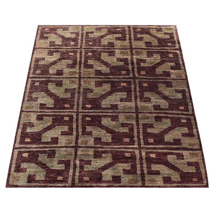 Brown & Beige Contemporary Hand Knotted Jute Rug with Geometric Block Motif