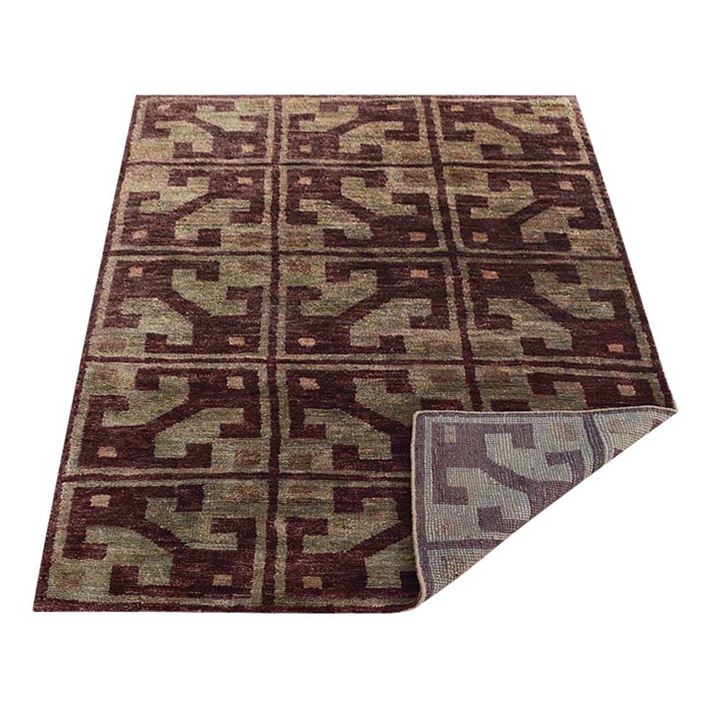 Brown & Beige Contemporary Hand Knotted Jute Rug with Geometric Block Motif
