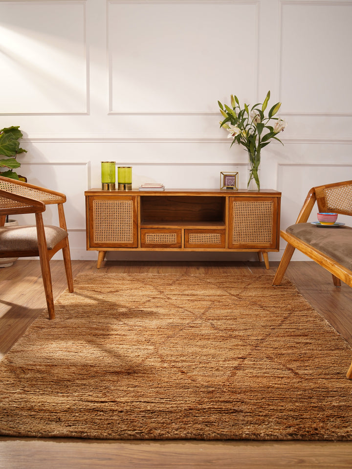 Beige & Brown Contemporary Hand Knotted Jute Rug with Abstract Pattern