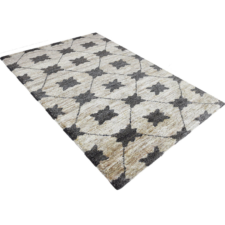 Beige & Green Textured Jute Rug with Contemporary Diamond Pattern