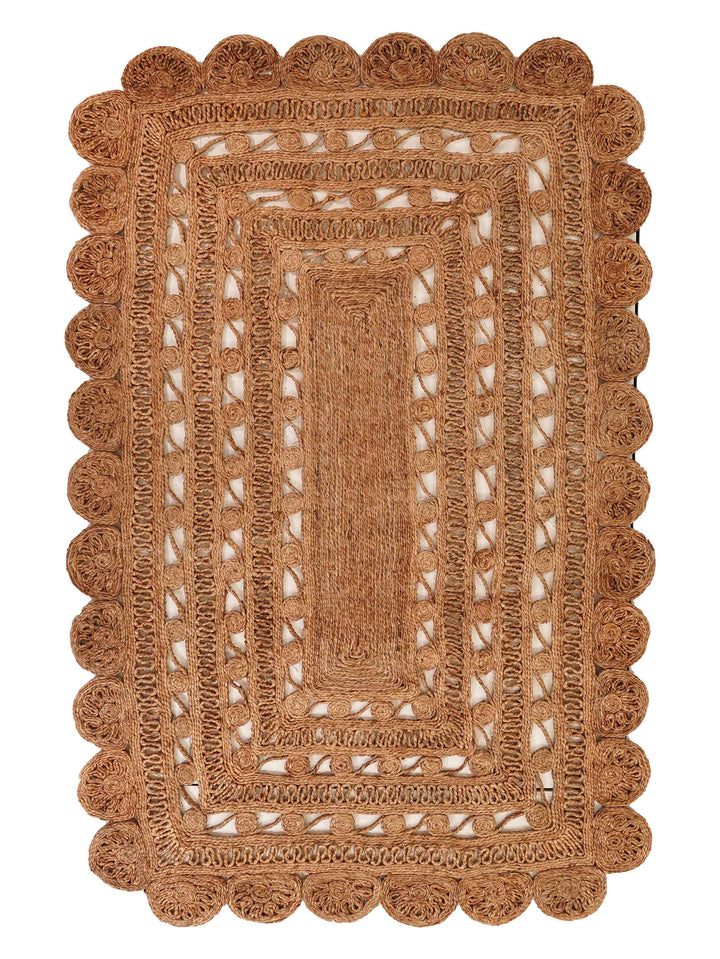 Beige Hand Woven Jute Oriental Rug with Decorative Floral Border