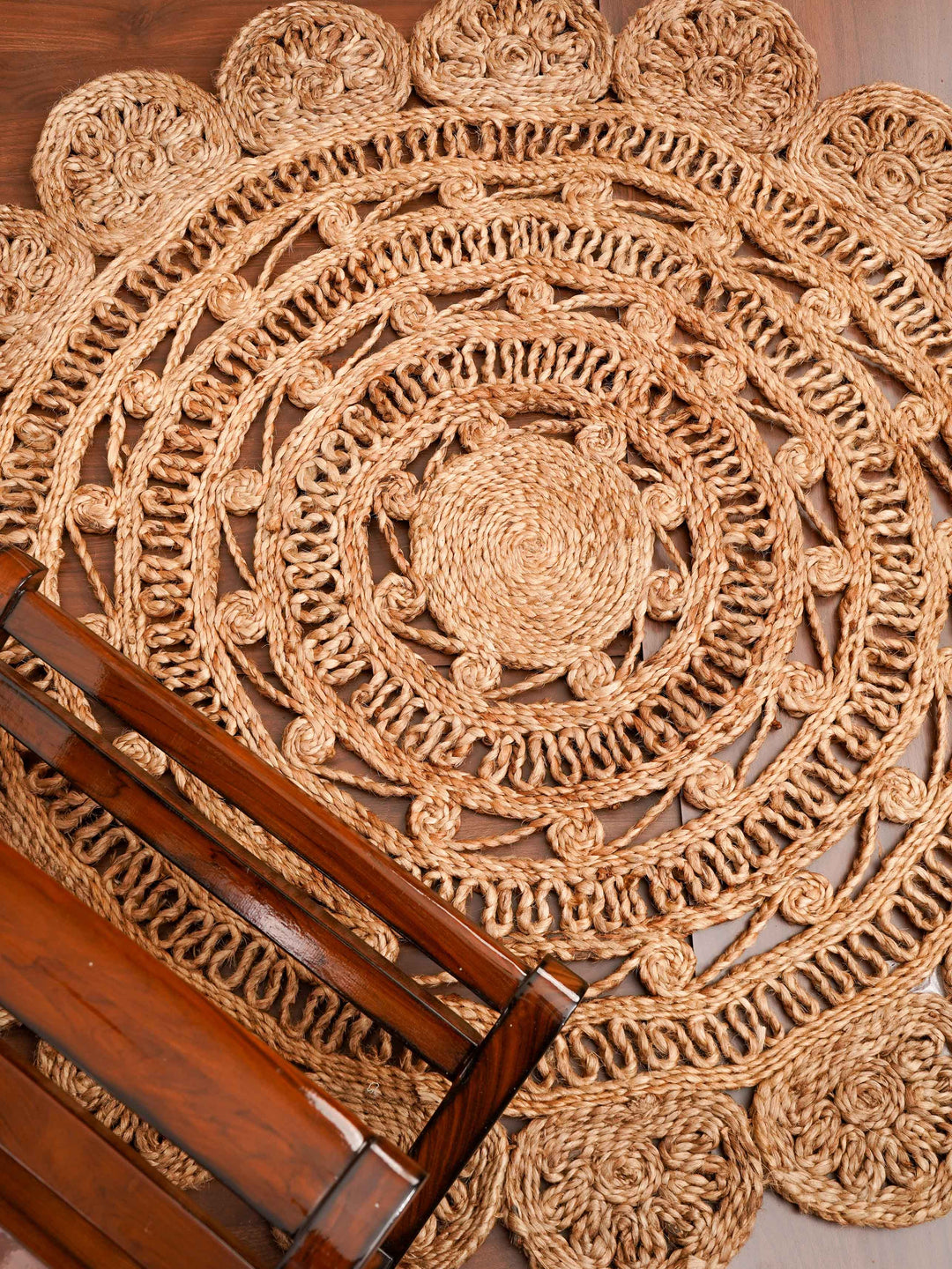 Beige Hand Woven Jute Oriental Rug with Decorative Floral Border